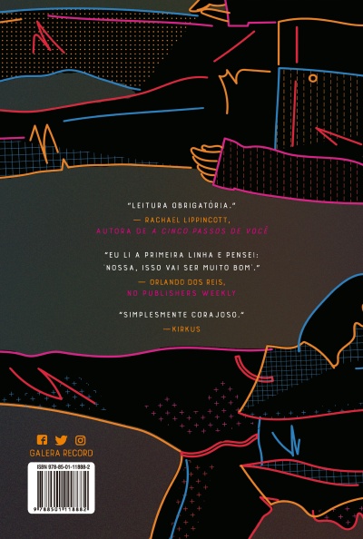 Capa de livro com desenhos abstratos coloridos e texto com citações críticas
