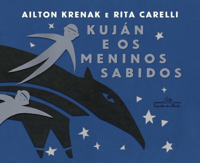 Capa de livro azul com figuras recortadas e texto em branco