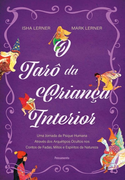 Capa de livro roxa com ilustrações de fadas e texto sobre tarô