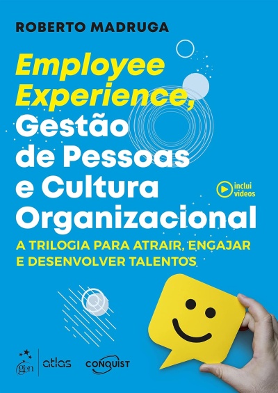 Capa de livro azul com texto em amarelo e branco e ícone amarelo de balão de fala sorridente na mão