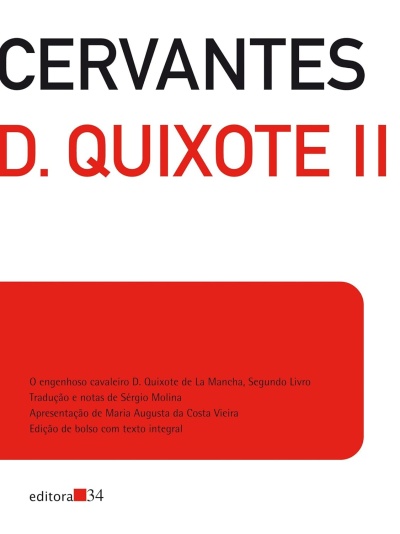Capa de livro com texto CERVANTES D. QUIXOTE II em fundo branco e vermelho