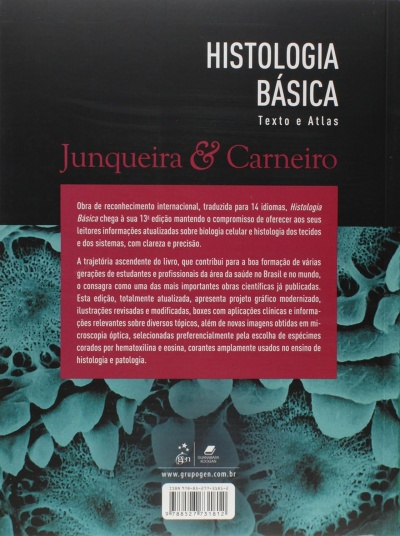 Capa de livro Histologia Básica de Junqueira & Carneiro com texto descritivo em português