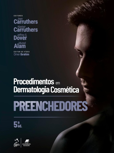 Capa de livro Procedimentos em Dermatologia Cosmética PREENCHEDORES com imagem de rosto masculino em sombra