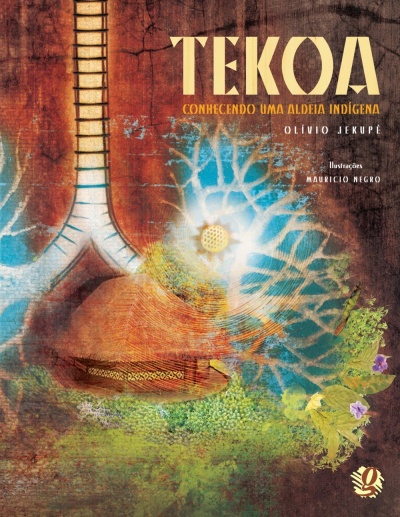 Capa de livro com título TEKOA e arte abstrata colorida