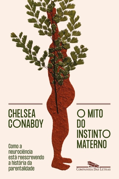 Capa de livro com figura vermelha texturizada coberta de folhas verdes e texto em verde