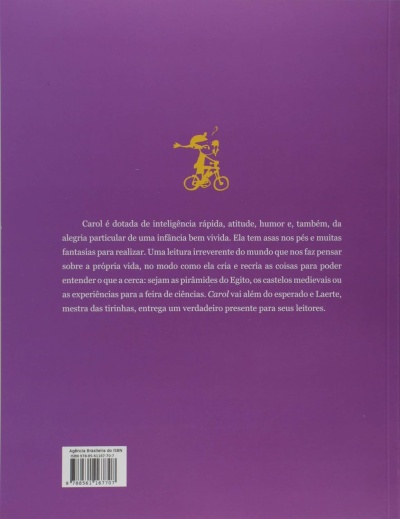 Capa traseira de livro roxa com texto e ilustração de bicicleta amarela