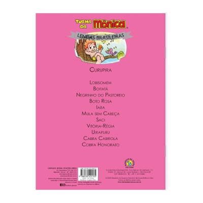 Capa traseira rosa de livro Turma da Mônica Lendas Brasileiras com ilustração de menino e pássaro e lista de personagens.