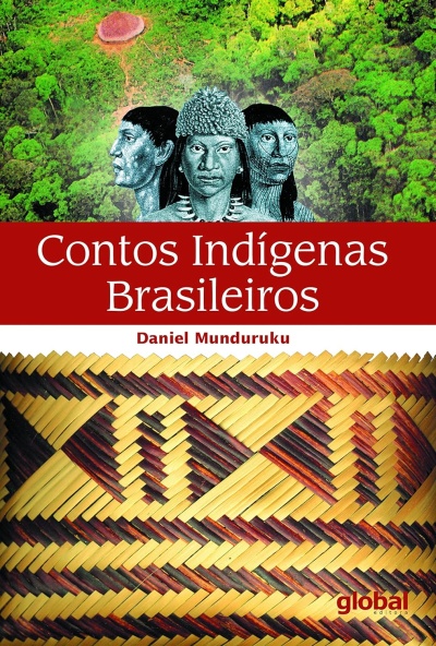 Livro Contos Indígenas Brasileiros com ilustração indígena e padrão trançado colorido
