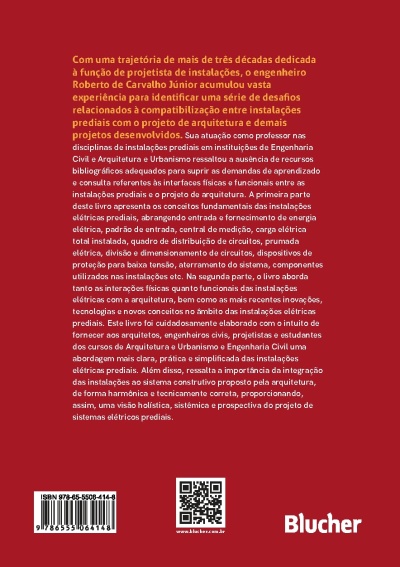 Verso de livro com texto em português, código de barras, QR code e logo Blucher num fundo vermelho.