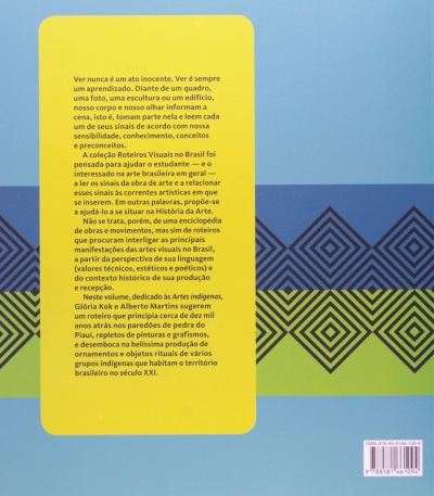 Contracapa de livro com texto em português, fundo azul, amarelo e padrões geométricos.