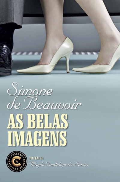Sapatos femininos de salto alto creme e sapatos pretos masculinos numa capa de livro.