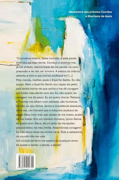 Contracapa de livro com texto em português e fundo abstrato azul, branco, verde e amarelo