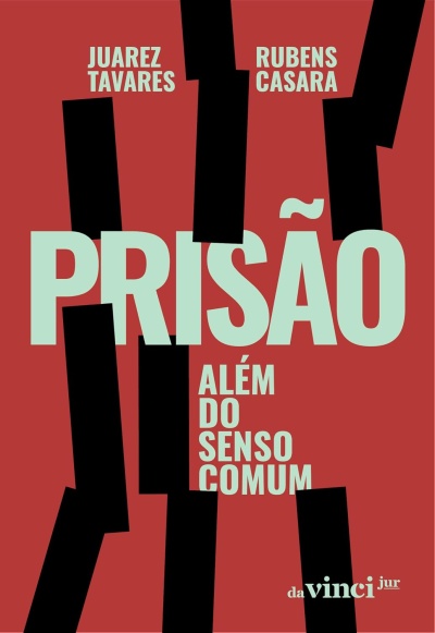 Capa de livro vermelha com faixas pretas e texto verde claro sobre prisão.