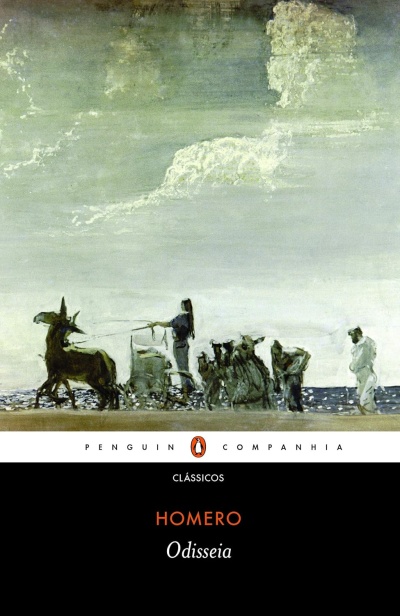 Capa do livro Odisseia de Homero com ilustração de cena marítima e texto editorial.