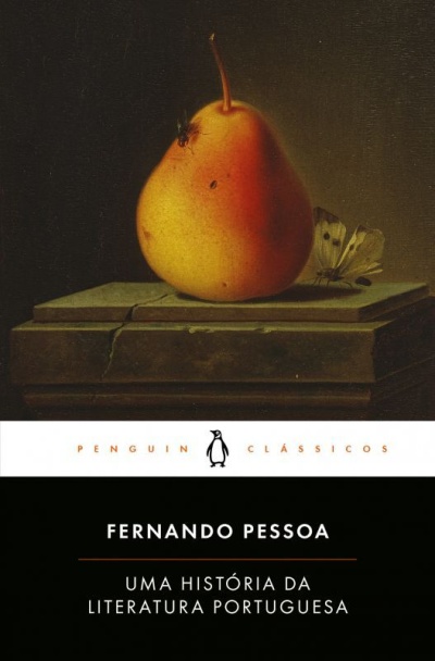 Capa de livro com pera, mosca, borboleta e texto da obra de Fernando Pessoa