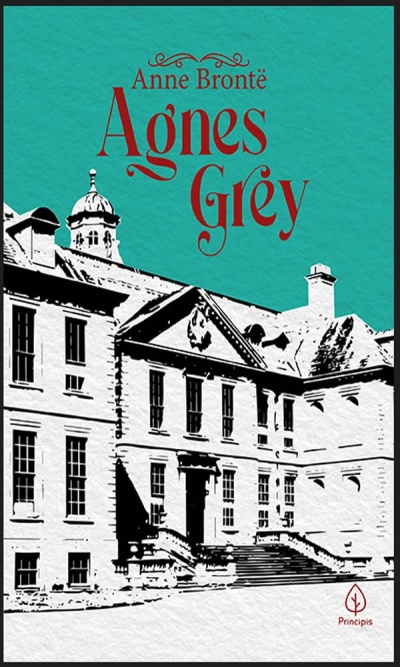 Capa do livro Agnes Grey de Anne Brontë com ilustração de edifício e texto vermelho