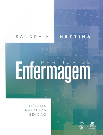 Capa de livro Prática de Enfermagem com fundo azul-verde e textos