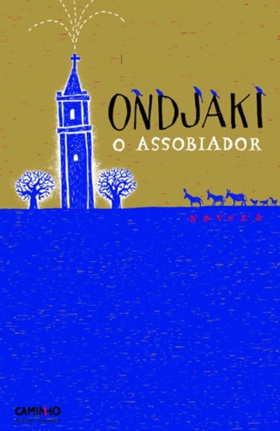 Capa de livro azul e castanho com torre, animais e texto