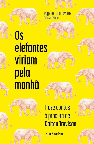 Capa de livro amarela com elefantes cor de rosa e texto em preto