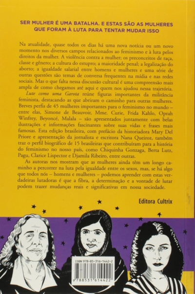 Verso do livro com texto em português e ilustrações em preto e branco de três mulheres.
