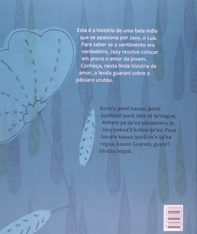 Parte traseira de um livro com fundo azul e texto em português e outra língua indígena.