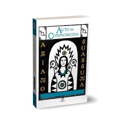Livro Auto da Compadecida com ilustração de figura estilizada e texto colorido