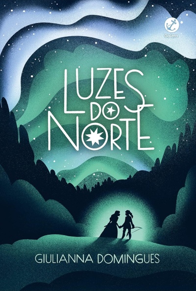 Capa do livro Luzes do Norte com céu estrelado, aurora boreal e duas silhuetas humanas