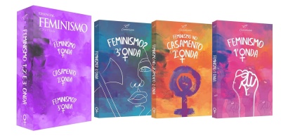 Conjunto de livros coloridos sobre feminismo com títulos visíveis.
