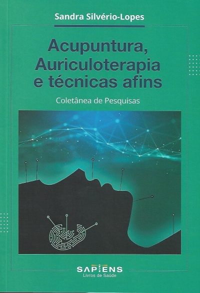 Capa livro acupuntura verde com ilustração perfil humano e agulhas