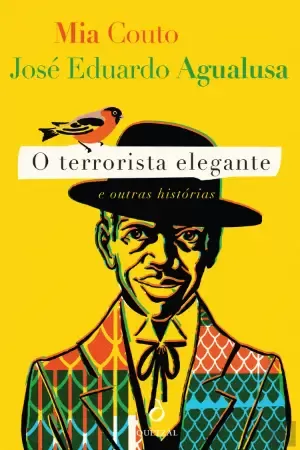 Capa de livro amarelo com ilustração de homem com chapéu e casaco colorido