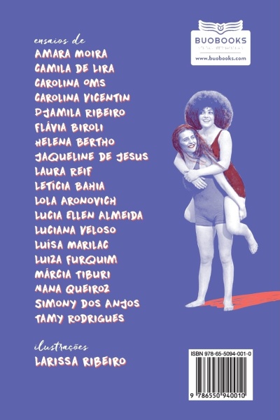 Capa de livro azul com lista de autores, duas mulheres em fato de banho e código de barras