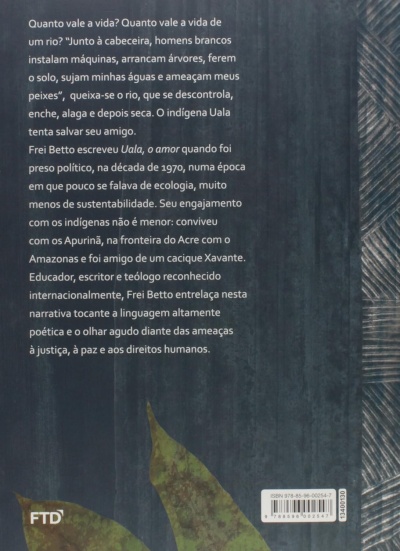 Contracapa de livro azul escuro com texto e códigos no fundo decorado com penas e folhas.