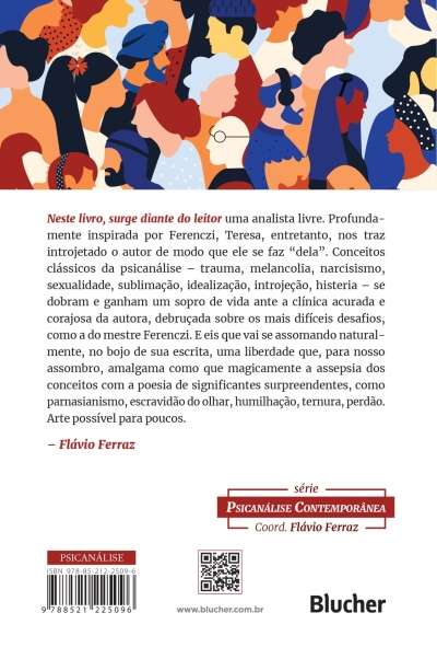Contracapa de livro com silhuetas coloridas de pessoas e texto em português, código de barras, QR code e logo Blucher.