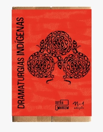 Livro com capa vermelha e texto DRAMATURGIAS INDÍGENAS.