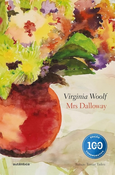 Capa do livro Mrs Dalloway com flores em aquarela e selo azul 100 anos