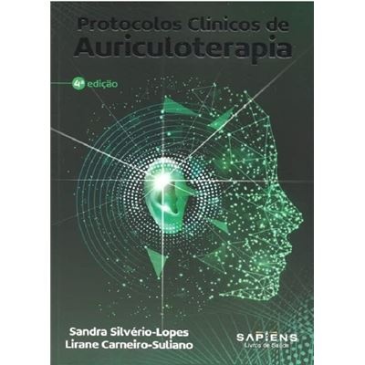 Capa de livro Protocolos Clínicos de Auriculoterapia com ilustração digital de rosto em verde