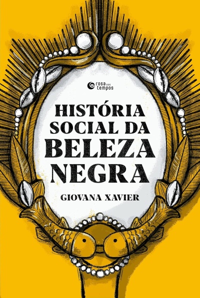 Capa de livro História Social da Beleza Negra com ornamento dourado e peixes.