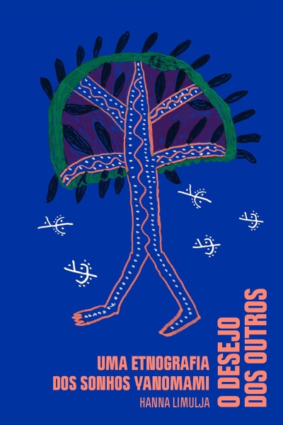 Capa de livro azul com ilustração abstrata colorida e textos em laranja