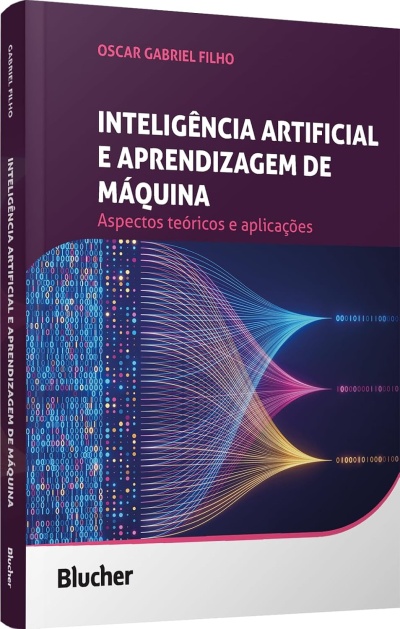 Livro sobre inteligência artificial e aprendizagem de máquina com capa roxa e design digital colorido