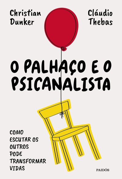 Capa de livro com balão vermelho e cadeira amarela e textos em preto