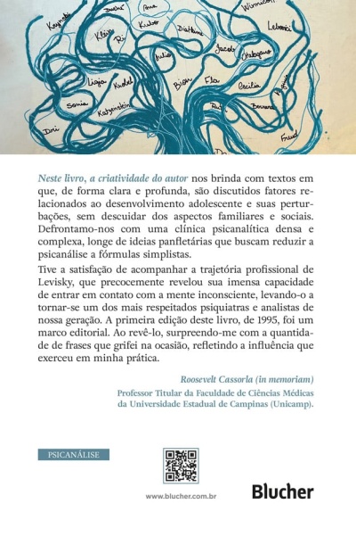 Contracapa do livro com ilustração de árvore azul e texto em português sobre psicanálise