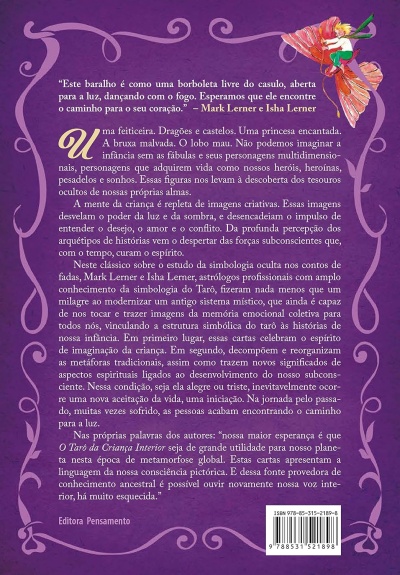 Verso de livro com texto em português e ilustração de rapaz numa asa de borboleta