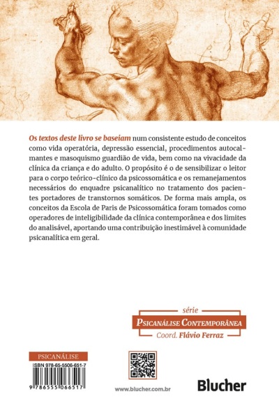 Contracapa de livro com ilustração artística de um homem e texto informativo na cor castanha.