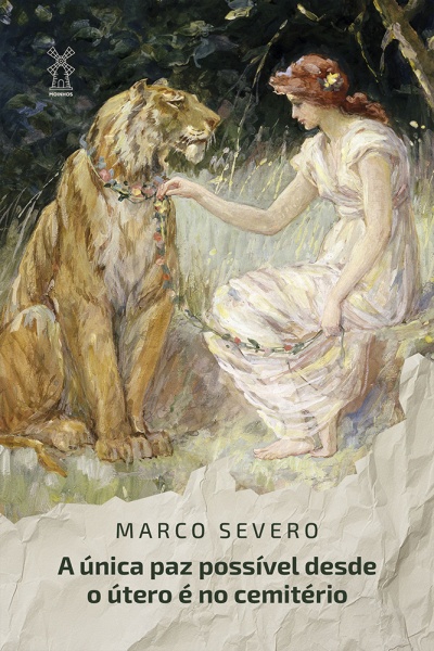 Capa de livro com mulher e leão, texto em português e logótipo MOINHOS