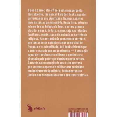 Contracapa de livro castanha com texto branco e logótipo de elefante.
