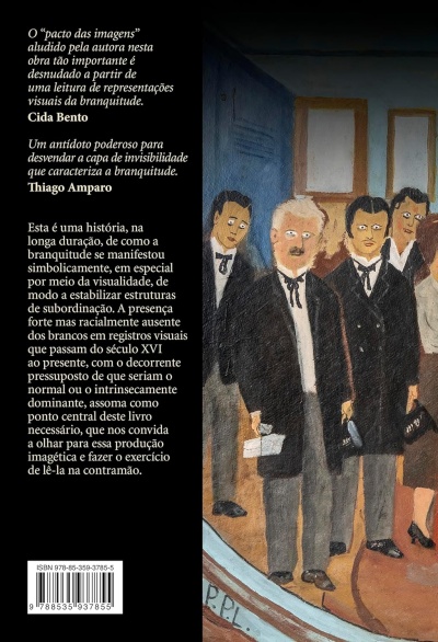 Contracapa de livro com texto em português e pintura de cinco pessoas em trajes formais