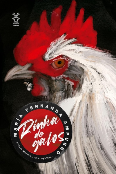 Ilustração de cabeça de galo com selo vermelho e texto