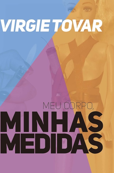 Capa de livro com boneca e texto em cores azul, laranja e lilás