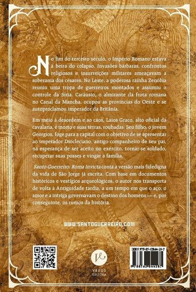 Contracapa de livro com texto histórico em português, fundo em mosaico castanho, código QR e logótipo da Verus Editora.