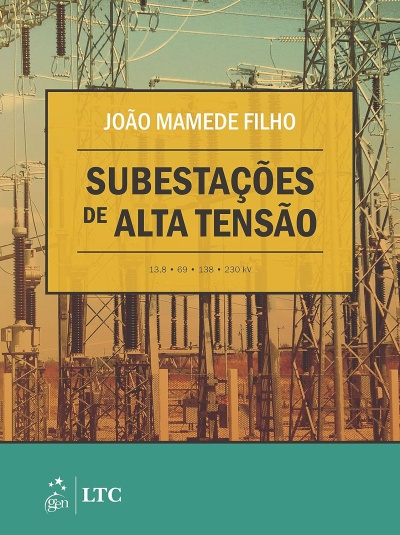 Capa de livro com título Subestações de Alta Tensão sobre fundo de subestação elétrica